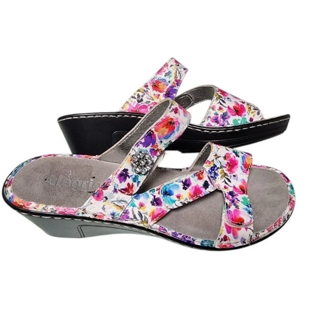 Alegria Loti Wedge Slide Sandals Floral Comfort EU 42 Leather Rhinestone Flower